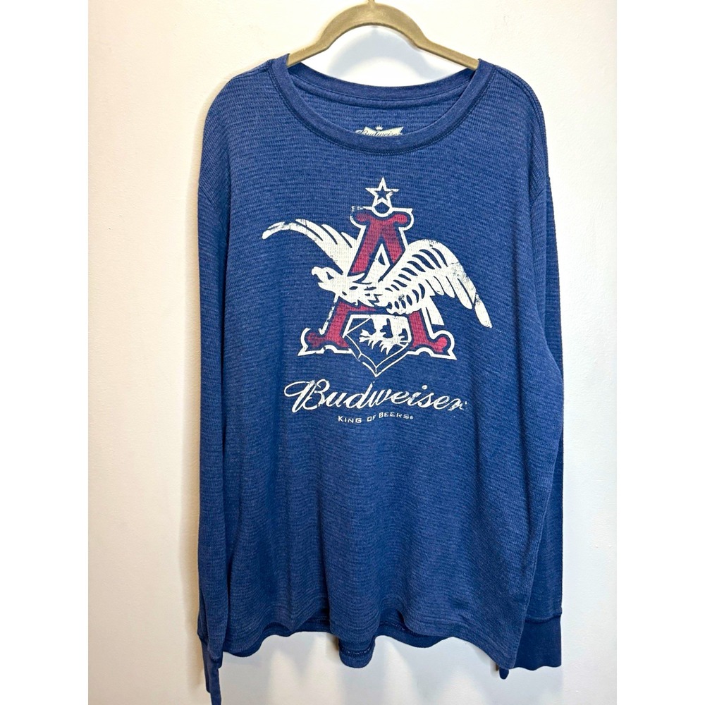 Budweiser King of Beers Waffle Knit Shirt Blue Long Sleeve Size XL 46/48 *flaws*